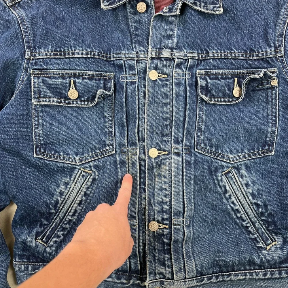 RRL Ralph Lauren Plaid Lined Denim Type 2 Trucker Jacket Mens M Blue Buckle Back